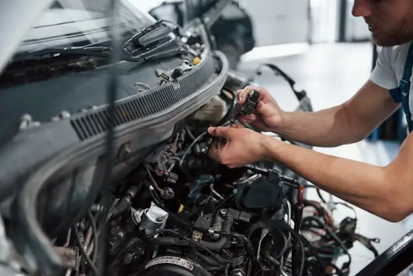 Auto mechanic repairing car engine and automotive systems